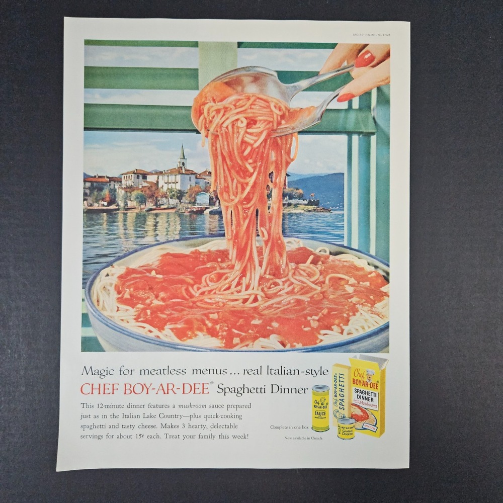 1958 Chef Boy-Ar-Dee Spaghetti Dinner Complete In Box‎ Vintage Print Ad Meatless